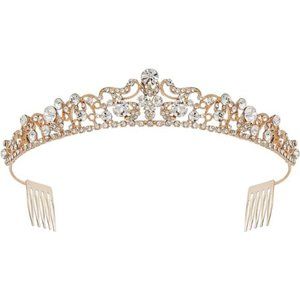 Rose Gold Wedding Tiaras and Crowns with Side Comb, Rhinestone Bridal Crown